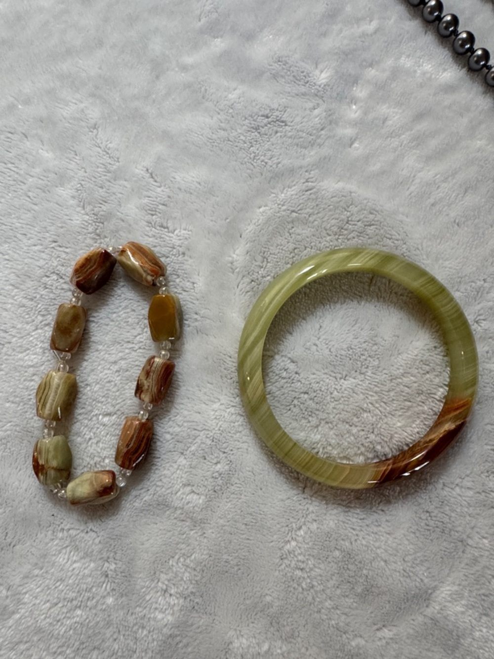 Green and Brown Stone Bangle and Bead Bracelet Set